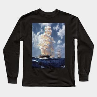 Glitch Art sailing ships on the high seas Long Sleeve T-Shirt